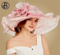 FS Pink Kentucky Derby Hat for Women Organza Sun Hats Flowers Elegant Summer Grande Iglesia de boda de Brim Ladies Fedoras T2006027116778