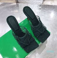 Sandalias de moda de lujo de lujo mula elástica tacón de tacón de alta calidad Toe de techo alto de 9 cm zapatillas para mujeres zapatillas diseñador