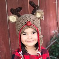 Berets 2023 أطفال عيد الميلاد قبعة يدوي الأيائل طفل مقاوم للرياح دافئة الدانتيل حماية الأذن عطلة لطيف لباس