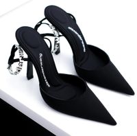 Mükemmel Yaz Wang Delphine Sandalet Ayakkabı Kadın Siyah Sinek Ayak Slingback Crystal Markalaşma Ayak Bilekleri Kayışları Yüksek Topuklular EU35-40