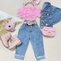 Roupas conjuntos de garotas roupas de verão da moda criança criança rosa sem mangas calças camisole jeans com bolsos 230504