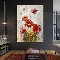 그림 추상 붉은 꽃 그림 두꺼운 질감 수제 수제 캔버스 오일 벽 예술 장식 홈 거실