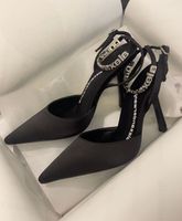 Lüks Yaz Wang Delphine Sandalet Ayakkabı Siyah Saçlı Ayak Toe Yüksek Topuk Kristal Marka Bilgisayar Ayak Bilekleri Straps Party Düğün Lady Seksi Pompalar