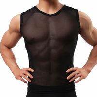 Bras setleri erkek örgü yelek seksi fishnet t-shirt club giyim koşu kısa kollu tank hızlı kuru vücut geliştirme fitness kas topsbras