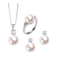 Orecchini di collana set da 10 mm per perle d'acqua dolce naturale set di gioielli per donne ad anello a sospensione Regalo per matrimoni/festa Free Shippi