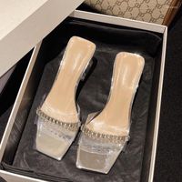 슬리퍼 2023 투명한 여성 금과 은은 두꺼운 발 뒤꿈치 크리스탈 라인톤 여름 야외 스케이트 보드 신발