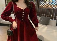 Повседневные платья цветочные вечерние вечеринка Миди -дамы красные французские ретро -ретро -женские женщины бархатный корейский платье в стиле зима 5898333