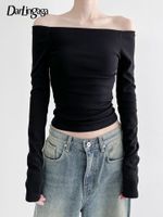 تي شيرت النساء دارلينجاغا غير رسمية الكتف أعلى أسود نحيف القمصان الأساسية الصلبة النحيفة الكورية الأزياء القوطية المحملات القوطية مائلة الرقبة 230510