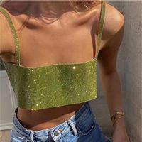 Camisoles Tanks Glitter Full Polyester Women Crops Tops Fashion Solid Off Shouldless Sexy Spaghetti Strap Woman Party Camis 230508