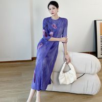 Vestidos informales Miyake, vestido plisado para mujer, manga larga, Vintage, suelto, Color sólido, ropa de moda para mujer, bata de verano 2023