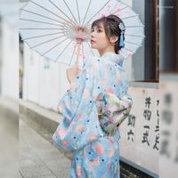 Ethnische Kleidung Damen-Kimono-Robe, traditionelle japanische Yukata, hellblaue Farbe, Blumendrucke, Sommerkleid, Aufführungskleidung, Cosplay