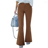 Pantalon femme velours côtelé pantalon toutes saisons femmes couleur unie bouton poche 2023 mince bureau dame décontracté Vintage Flare Streetwear