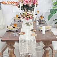 طاولة عداء Holaroom Beige Crochet Lace Table Runner with Tassel Cotton Wedding Decor