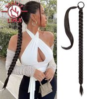colas Lihui Extensiones de cola trenzada sintética Larga cola de cabello negro con lazo para el cabello para mujeres Fibra de alta temperatura 230518
