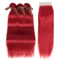 Fasci di capelli lisci bordeaux 99J con chiusura in pizzo Fasci di capelli umani peruviani di colore rosso 3 fasci con chiusura 4x4