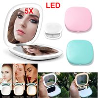 Espejo de maquillaje con luz LED con espejo cosmético de luz 5x de bolsillo compacto de aumento portátil de viaje diseño recargable USB universal