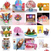 Cartões de felicitações de papel de corte fresco pop -up bouquet de flor de tamanho de vida de 12 polegadas Pop -up 3D com carteira de nota e Drop Drop Deli DHV3P