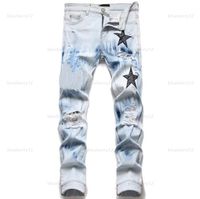 Jeans masculinos European Jean Hombre letra estrela Men Borderyy Patchwork Ripped for Trend Brand Motorcycle Pant Skinny