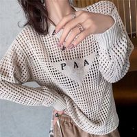 Womens Knits Tees Letter Embroidered Round Neck Thin Long Sl...
