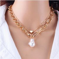 Chains Baroque Necklace Irregular Pearl Heart Double Layer C...