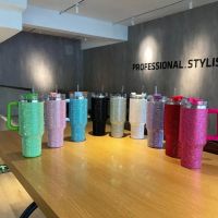 40oz Diamond Mugs Tumbler Cups With Handle Lids Straw Stainl...