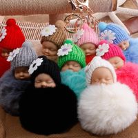 Cute Sleeping Baby Doll Keychain Pompom Helmet Rabbit Fur Ball Carabiner Key Chain Keyring Key Holder