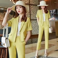 Pantaloni da donna a due pezzi giacca gialla corta giacca sezione sottile estate da donna piccolo temperamento di moda coreano slim blazer professionista