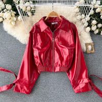 Diseño de cuero de mujer de alta calidad PU chaqueta corta para mujeres tops de manga larga para mujeres marea motocicleta tortuga ropa de streetwear t041