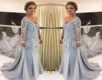 Elegantes blaues silbernes Kleid für die Brautmutter mit langen Ärmeln 2021 V-Ausschnitt Patin Abendkleid Hochzeitsfeier Gastkleider New8100759