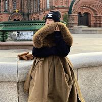 Kadın Trençkotları Pai Kadınların Kış Orta Uzunluğu Geçmiş Büyük Kürk Yakası Peluş Kalınlaştırılmış Ceket