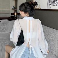Kadınlar Kıkırdamalar Kore Güneş Koruyucu Gömlek Kadınlar 2023 Yaz Giysileri Moda Banda Zarif Yakası Gevşek Uzun Kollu Beyaz Toplar