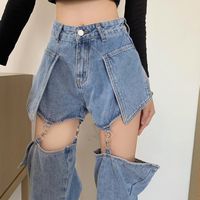 Женские джинсы Джинсы прямой слабые высокие талии тонкие брюки весенняя тонкая дизайн Съемные шорты Harajuku Kpop S615 230404