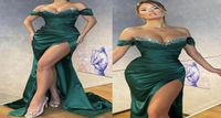 Dunkelgrünes, perlenbesetztes Meerjungfrau-Abendkleid, perlenbesetzter Schatz, schulterfrei, drapiert, hohe Seite, geteiltes Partykleid, formelle Abschlussballkleider, Robe 3160971