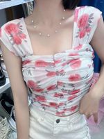 Kadın Tankları Yaz Meydanı Yaka Mesh Camis Kız Kırıldaklar Esnek Baskılı Çiçek Kırpılmış Kolsuz Tee T-Shirt Kadınlar Tatlı Camisole