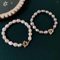 Strand Big Baroque Natural Freshwater Pearl Bracelets For Women Gold Color Flower Toggle Clasp Grey White Bracelet Girls