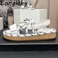 Sandalet Kalın Bottası Slingback Kadın Ayakkabı Kenevir Halat Tasarımcısı için Sihirli Tap Deri Düz Platform Sandalias de Mujer 230411