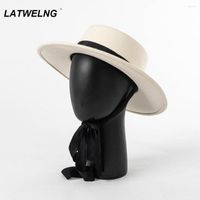 Wide Brim Hats 2023 패션 스트랩 양모 모자 여성 웨딩 보트 흰색 검은 색 평평한 겨울 브랜드 빈티지 여성 도매