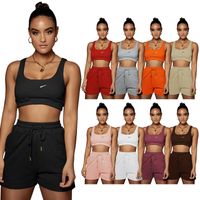 Casual Solid Shorts Sets Ladies Tracksuits Crop Top And Draw...