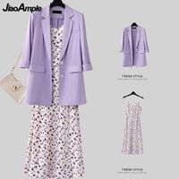 Kleid Elegante Kleidung Set 2021 Sommer Frauen Koreanische Anmutige Freizeit Anzug Mantel Chiffon Sling Kleid Sets Dame Büro Lila Jacke