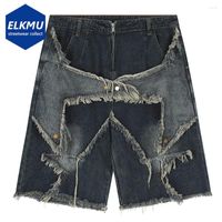 Men' s Shorts Vintage Tassel Star Denim Splicing Loose J...