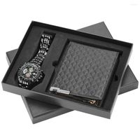 Relojes de pulsera reloj de moda y billetera para hombres de acero inoxidable cuarzo analógico soporte de cuero de cuero de pulsera