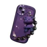 Cartoon Bear Dog Cestras de teléfonos celulares All Enrollada Soft Behip para iPhone 14 14Pro 14Plus 13 12 11 Pro Max XS XR Cubierta protectora transparente Purple con correa de cadena de cuentas