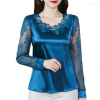 Frauenblusen M-4xl elegante Langarm-Spitze Hemd Shirt Satin Bluse Mode Frauen Blumenpullover Tops Freizeitkleidung