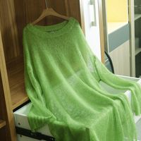 Suéteres de mujeres coreano otoño mohair fino suelto viento perezoso o cuello hueco largo verde morado fashion streetwear 202 mujeres begu2