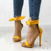 Elbise ayakkabıları pembe sarı süet yüksek topuk sandalet ayak bileği büyük bowknot gladyatör sandal ayakkabıları tek kayış ince topuk pompaları g230130
