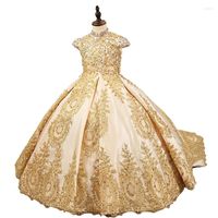 Девушка платья принцесса роскошный цветок для свадеб золотой кружевной аппликация детские девочки первая священная атласная вечеринка причастия