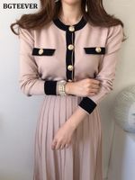 Lässige Kleider BGTeever elegantes Patchwork O-Neck gestricktes Faltenkleid Frauen stilvolle Langarm-Single-Breast-weibliche A-Line-Pullover