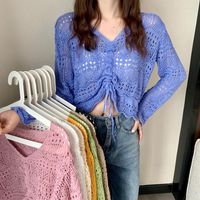 Kadın Sweaters Kore Hollow Out Gömlek Kadınlar Yaz Gündelik ince uzun kollu güneş kremi bluz