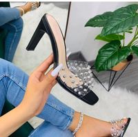 Tofflor Summer Square High Heels Mules Women Crystal PVC Transparent Toe Slides Shoes 2023Slippers