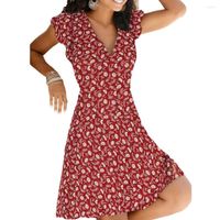 Parti Elbiseleri Kadınlar Yaz 2023 Seksi V Boyun Çiçek Baskı Plaj Sundress Kısa Kollu Bir Çizgi Boho Tatil Mini Elbise Bestido